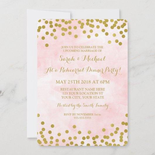 ピンクの水彩画の金ゴールドの点のリハーサルのディナー・パーティ 招待状 (裏面)