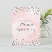 ピンクの水彩画の銀の紙吹雪のブライダルシャワー 招待状 (スタンド正面)