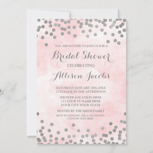 ピンクの水彩画の銀の紙吹雪のブライダルシャワー 招待状 (裏面)