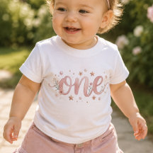 ピンクの水彩画の1歳の誕生日ベビーTシャツ