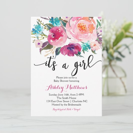 ピンクの水彩画のbohoの花のベビーシャワーの招待状 招待状 (スタンド正面)
