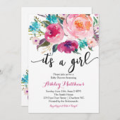 ピンクの水彩画のbohoの花のベビーシャワーの招待状 招待状 (正面/裏面)