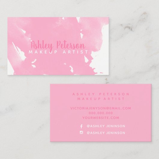 ピンクの水彩画のbrushtrokesの化粧のタイポグラフィ 名刺 (正面/裏面)