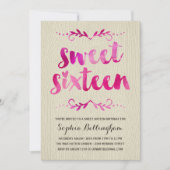 ピンクの水彩画のSweet sixteenの誕生会 招待状 (正面)