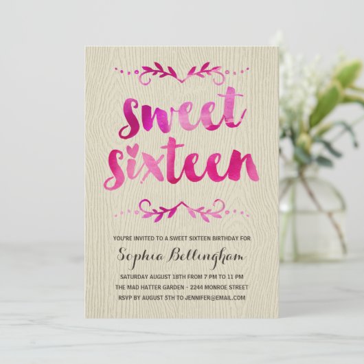 ピンクの水彩画のSweet sixteenの誕生会 招待状 (スタンド正面)