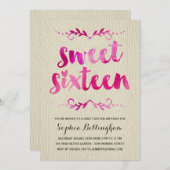 ピンクの水彩画のSweet sixteenの誕生会 招待状 (正面/裏面)