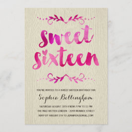 ピンクの水彩画のSweet sixteenの誕生会 招待状