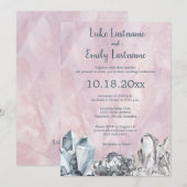 ピンクの水彩画ウェディングでのジオードと宝石 招待状 (正面/裏面)