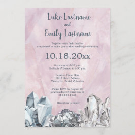 ピンクの水彩画ウェディングでのジオード＆ジェムストーン 招待状