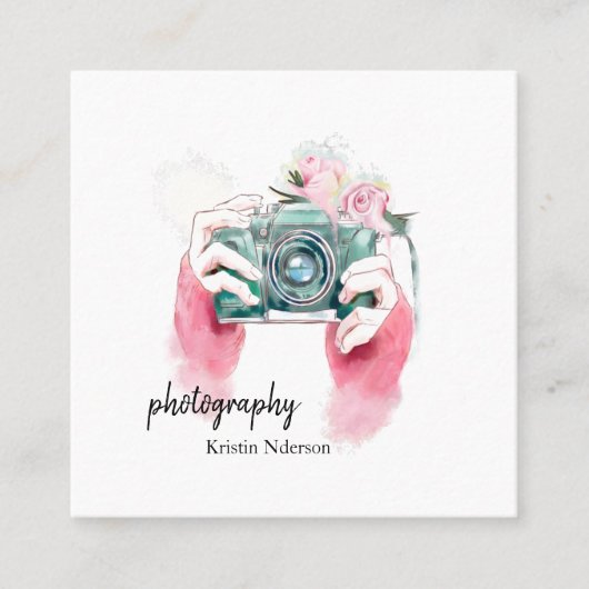 ピンクの水彩画カメラ スクエア名刺 (正面)