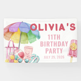 ピンクの水彩画サマーガール誕生日プールパーティー 横断幕