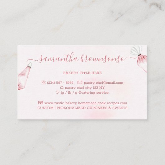 ピンクの水彩画パン屋さんシェフ料理人 名刺 (裏面)