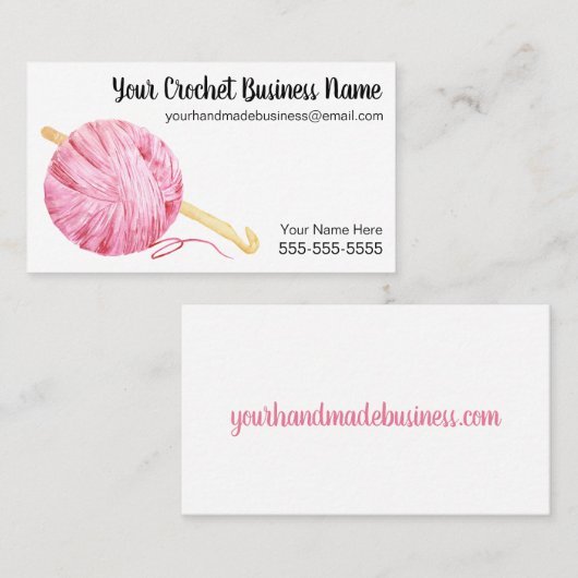 ピンクの水彩画ヤーンのかぎ針編み 名刺 (正面/裏面)