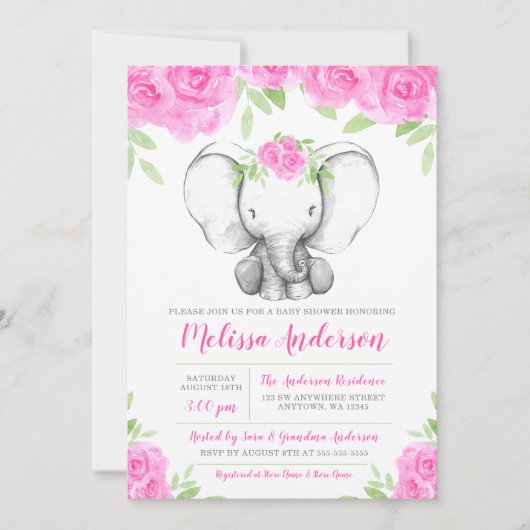 ピンクの水彩画花象のベビーシャワー 招待状 (正面)