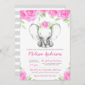 ピンクの水彩画花象のベビーシャワー 招待状 (正面/裏面)