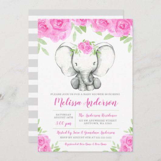 ピンクの水彩画花象のベビーシャワー 招待状 (正面/裏面)