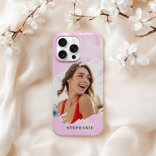 ピンクの水彩画風に名前入りフォトiPhoneケース iPhone 15 Proケース