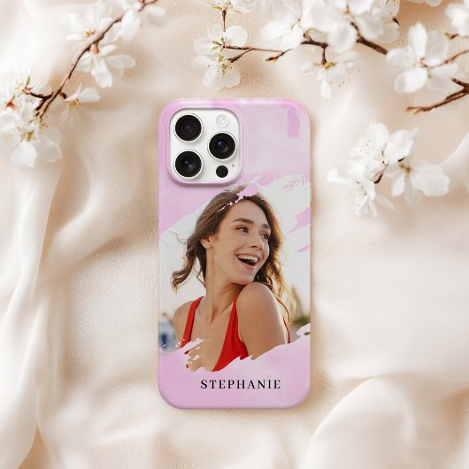 ピンクの水彩画風に名前入りフォトiPhoneケース iPhoneケース