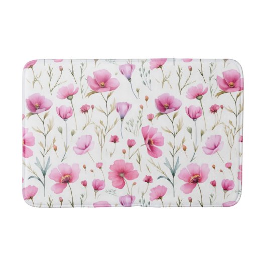 ピンクの水彩画風の野の花 バスマット (正面)