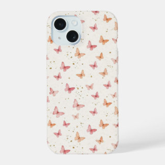 ピンクの水彩画風バタフライ フォンケース - ボヘミアン フラワー iPhone 15ケース