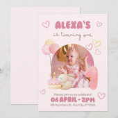 ピンクの水彩画 イラスト かわいい 1歳 誕生日 招待状 (正面/裏面)