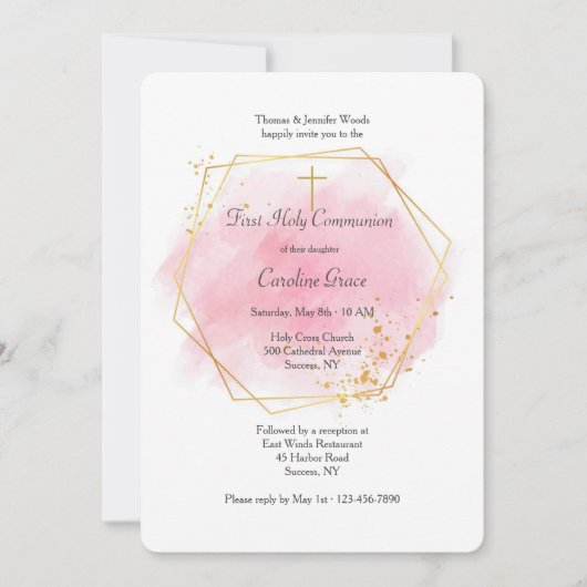 ピンクの水彩画 ゴールドフレーム付き 招待状 (正面)