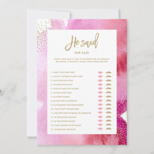 ピンクの水彩画 ブライド ヒーセッド シーセッド ゲーム カード (正面)