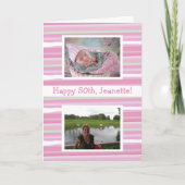 ピンクの水彩画 誕生日 今と昔の写真 カード (正面)