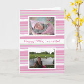 ピンクの水彩画 誕生日 今と昔の写真 カード (黄色い花)