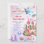 ピンクの水彩画 魚たちの海の少女 ベビーシャワー 招待状 (正面)