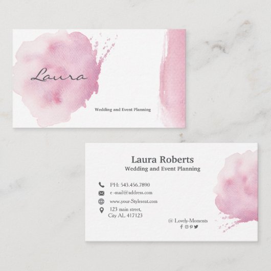 ピンクの水彩筆画の名刺 名刺 (正面/裏面)