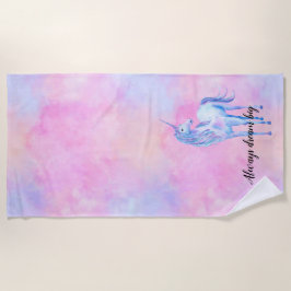 ピンクの水彩紫色のユニコーン ビーチタオル