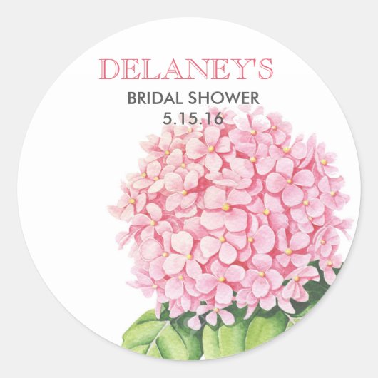 ピンクの水彩紫陽花ステッカー ラウンドシール (正面)