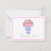 ピンクの水彩紫陽花Chinoiserieスクリプ感謝していト ノートカード (正面)