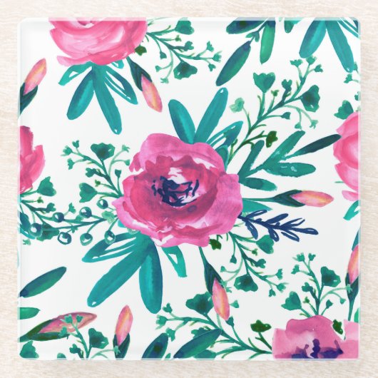 ピンクの水彩色のバラ ガラスコースター (正面)