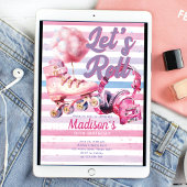 ピンクの水彩色のローラースケートの誕生日 招待状