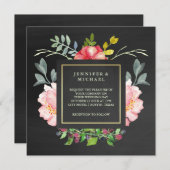 ピンクの水彩色の牡丹オンチャルクボードルッ結婚クズ 招待状 (正面/裏面)