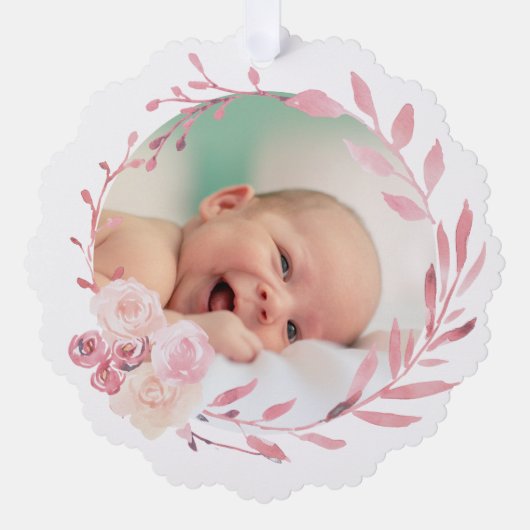 ピンクの水彩色枠バプテスマ感謝していス オーナメントカード (正面)