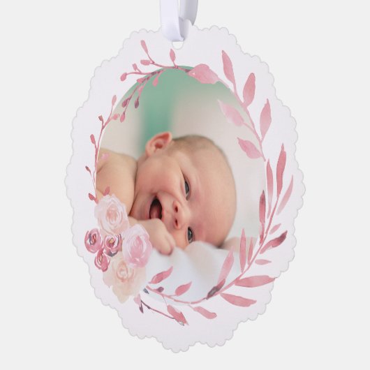 ピンクの水彩色枠バプテスマ感謝していス オーナメントカード (左)