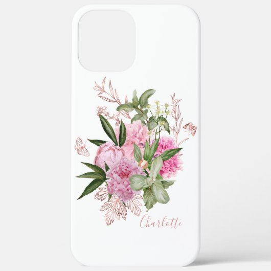 ピンクの水彩芍薬とローズゴールドの蝶の名前 Case-Mate iPhoneケース (裏面)