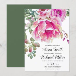 ピンクの水彩花とスクリプトタイポグラフィーの結婚式 招待状