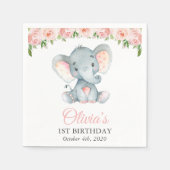 ピンクの水彩花とゾウの1歳の誕生日 スタンダードカクテルナプキン (正面)