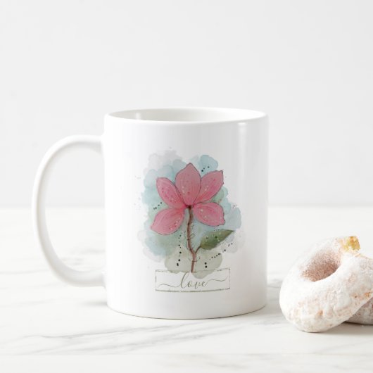 ピンクの水彩花と愛 コーヒーマグカップ (ドーナツ)