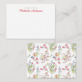 ピンクの水彩花と緑の名前をカスタムする ノートカード (正面/裏面)