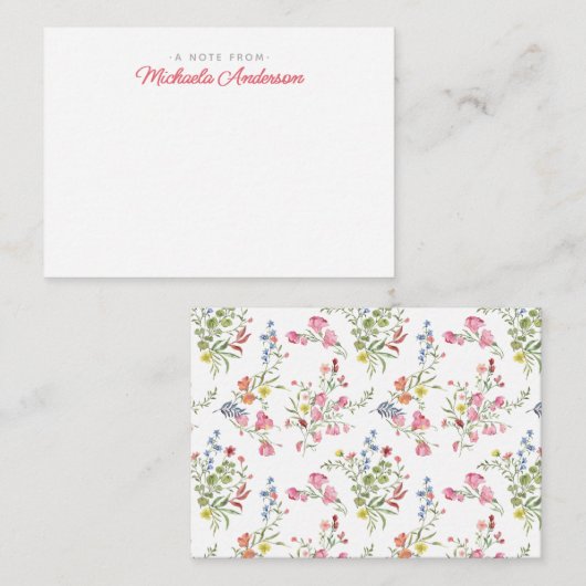 ピンクの水彩花と緑の名前をカスタムする ノートカード (正面/裏面)