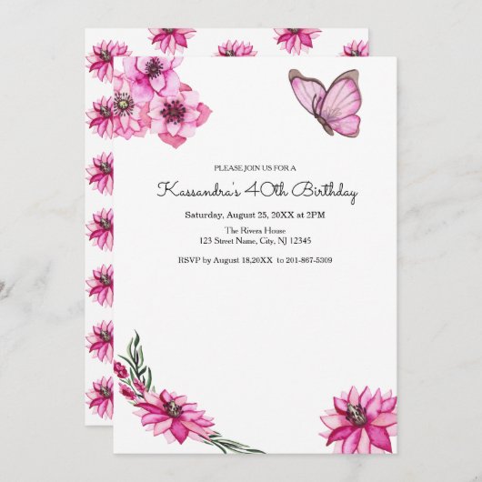 ピンクの水彩花と蝶の誕生日 招待状 (正面/裏面)
