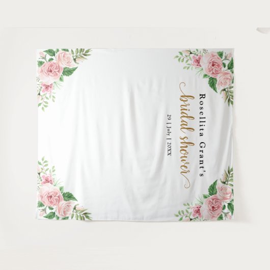 ピンクの水彩花のウェディングシャワー タペストリー (正面(横))