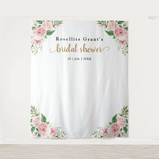 ピンクの水彩花のウェディングシャワー タペストリー (正面)