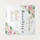 ピンクの水彩花のウェディングシャワー タペストリー (正面(横))