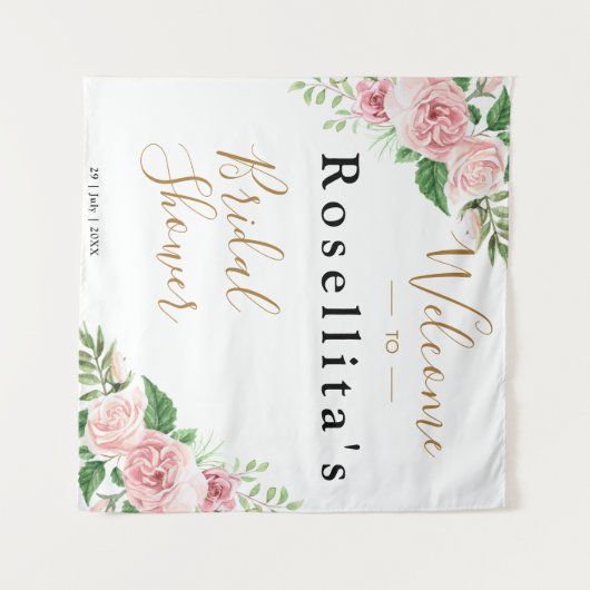 ピンクの水彩花のウェディングシャワー タペストリー (正面(横))